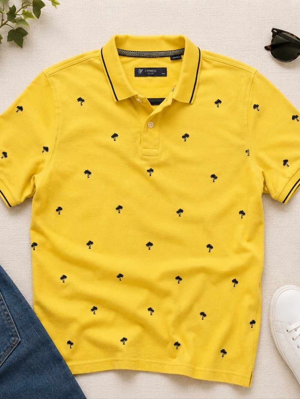 Cremieux NWOT Yellow 1/4 BUTTON Cotton Tiny Palm Trees Polo Shirt. Mens Large